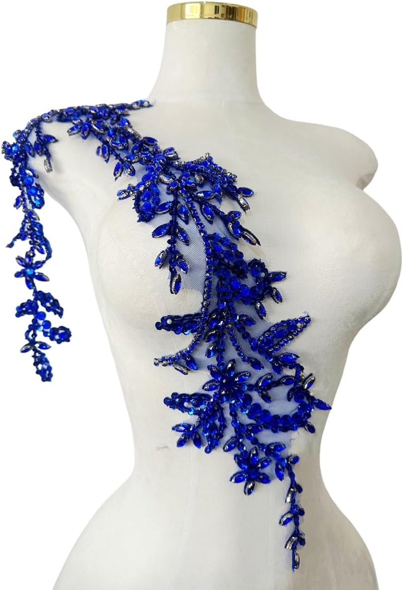 ArtistryXB Handmade Shining Acrylic Rhinestones on lace Applique Sewing Beads Stones Trim Patches Accessories for Wedding Dress 4.3X 23.6inches (Blue) - Image 2